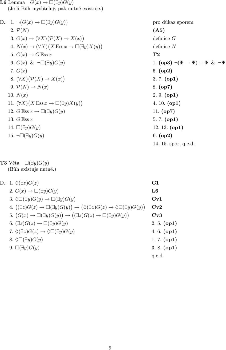 GEssx y)gy) 11.op7) 13. GEssx 5.7.op1) 14. y)gy) 12. 13.op1) 15. y)gy) 6.op2) 14. 15. spor, q.e.d. T3Věta y)gy) Bůh existuje nutně.) D.: 1. z)gz) 2. Gx) y)gy) L6 3.