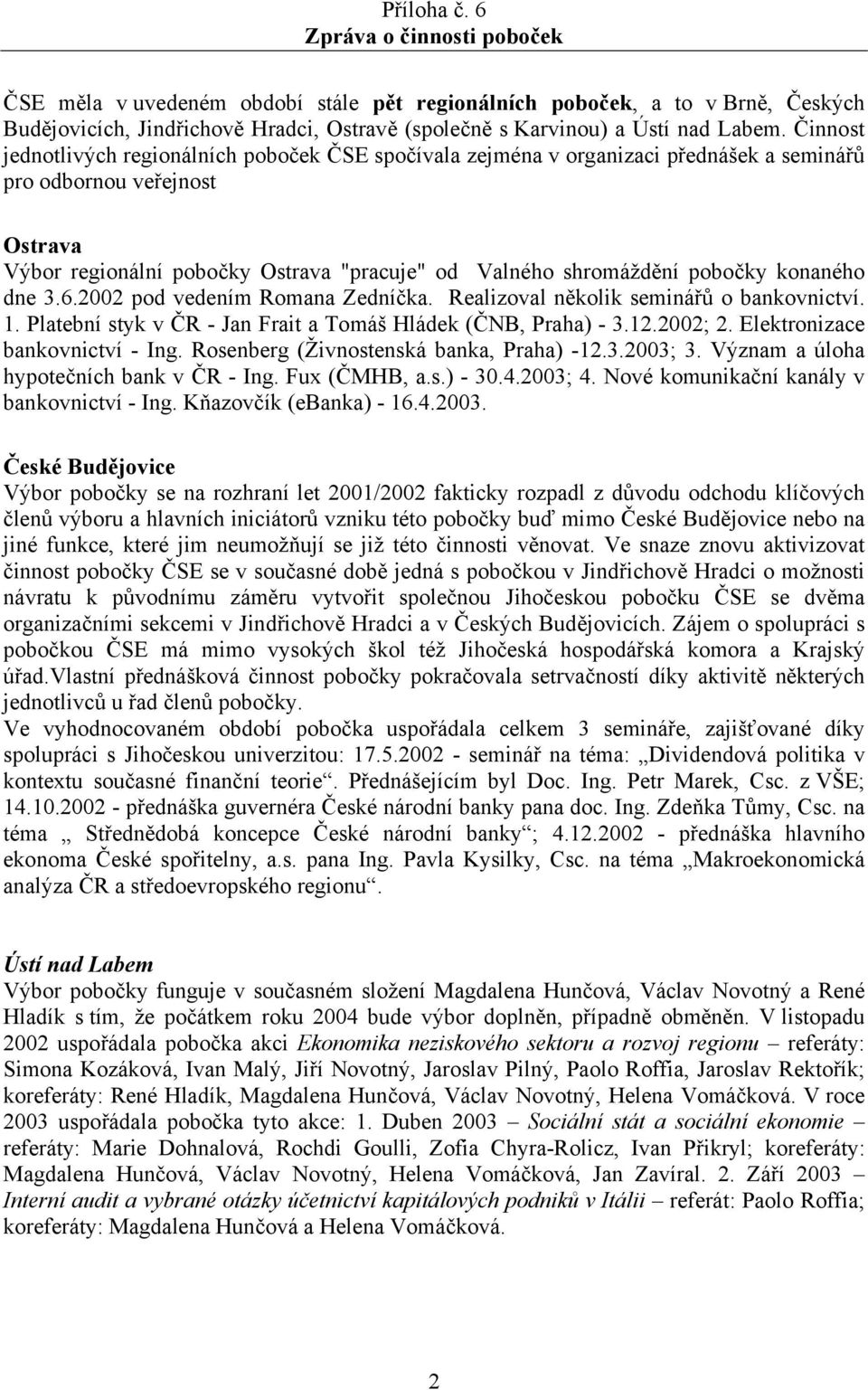 pobočky konaného dne 3.6.2002 pod vedením Romana Zedníčka. Realizoval několik seminářů o bankovnictví. 1. Platební styk v ČR - Jan Frait a Tomáš Hládek (ČNB, Praha) - 3.12.2002; 2.