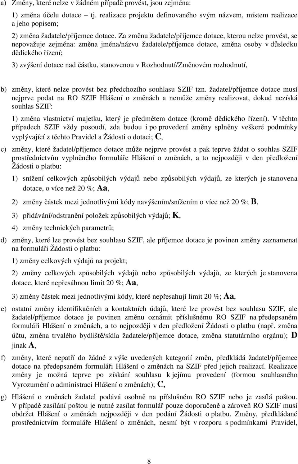 stanovenou v Rozhodnutí/Změnovém rozhodnutí, b) změny, které nelze provést bez předchozího souhlasu SZIF tzn.