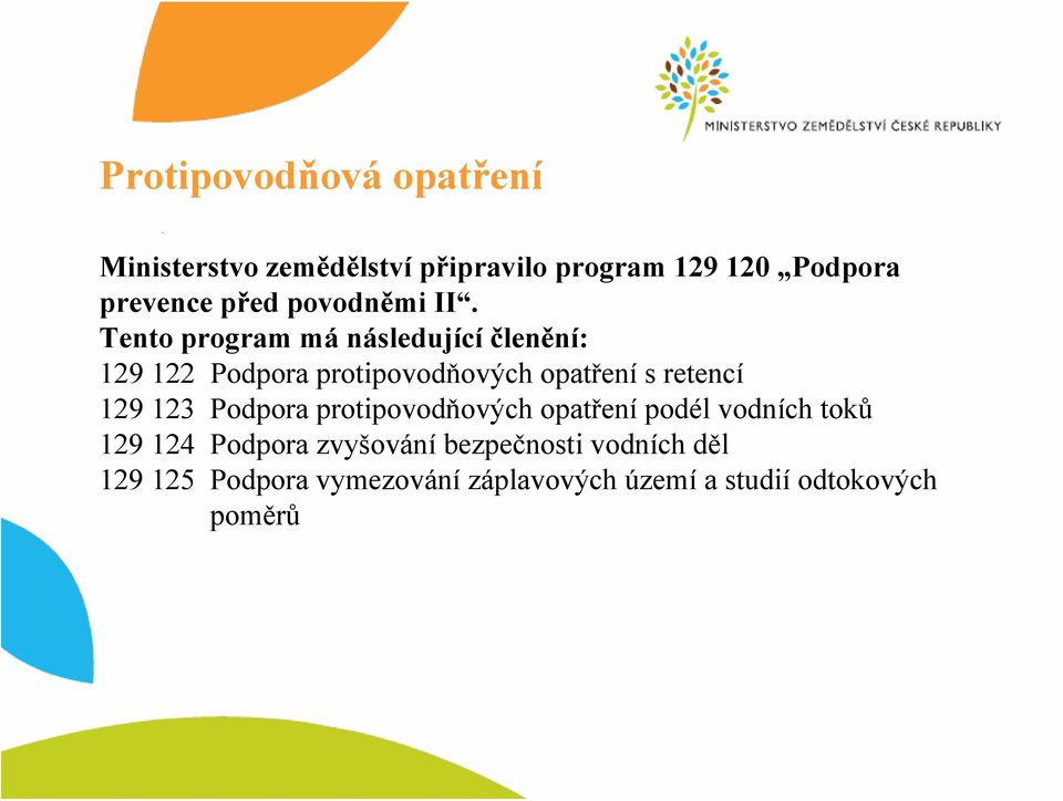 Tento program má následující členění: 129 122 Podpora protipovodňových opatření s retencí 129
