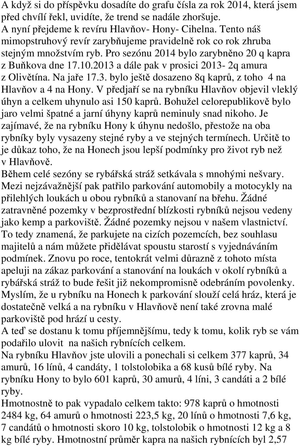 2013 a dále pak v prosici 2013-2q amura z Olivětína. Na jaře 17.3. bylo ještě dosazeno 8q kaprů, z toho 4 na Hlavňov a 4 na Hony.