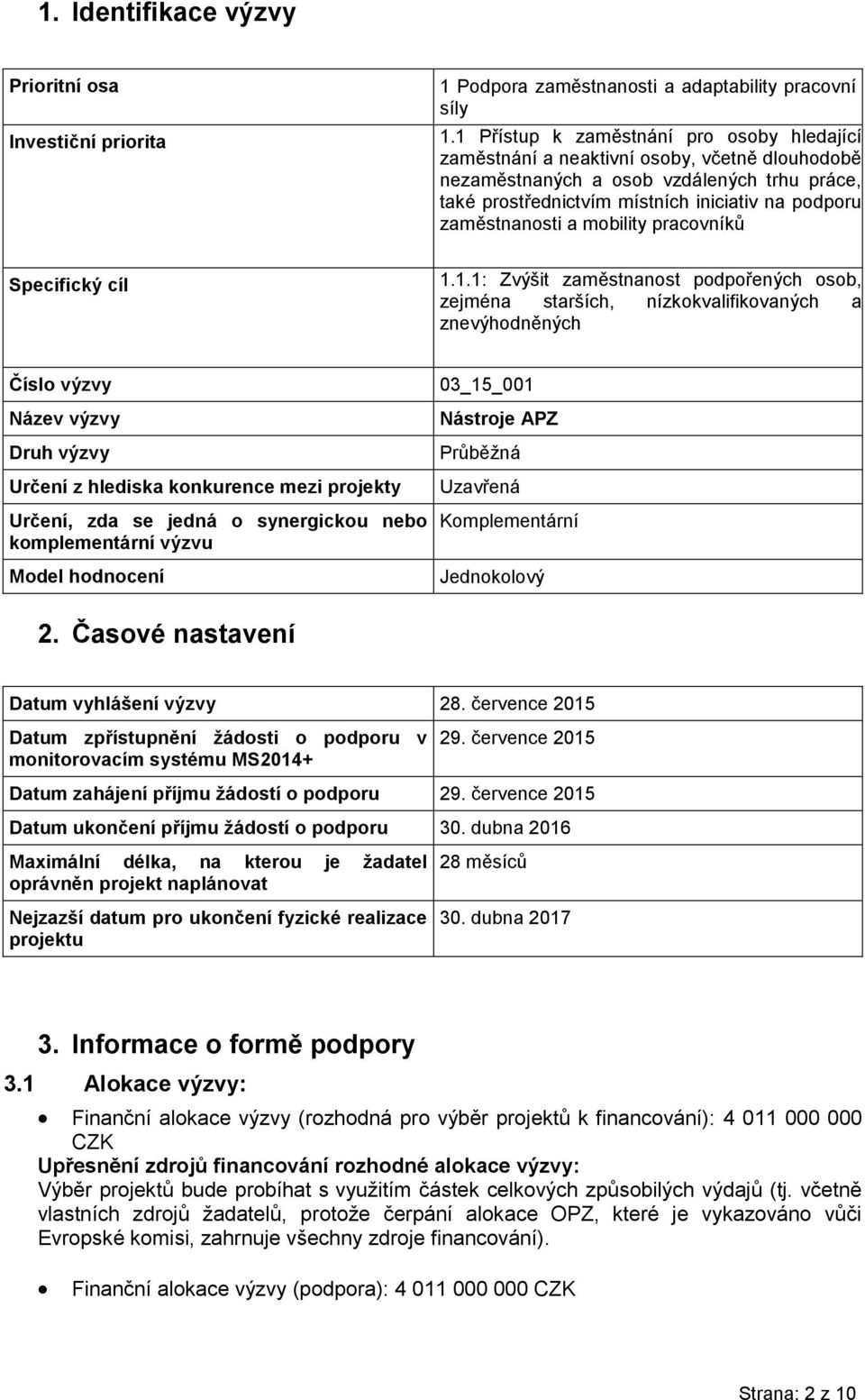 zaměstnanosti a mobility pracovníků Specifický cíl 1.