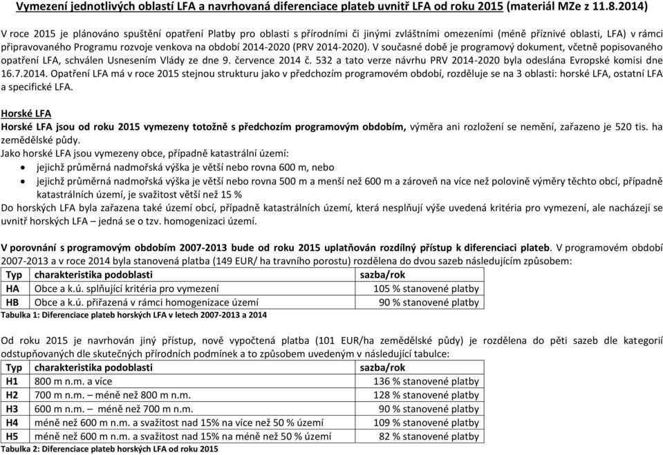 2014-2020 (PRV 2014-2020). V současné době je programový dokument, včetně popisovaného opatření LFA, schválen Usnesením Vlády ze dne 9. července 2014 č.