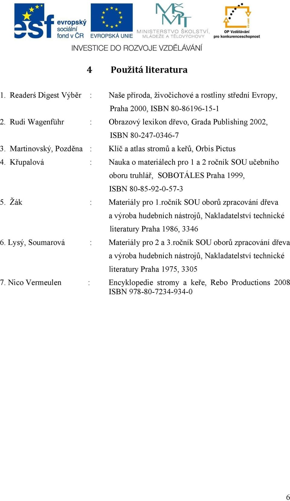 Křupalová : Nauka o materiálech pro 1 a 2 ročník SOU učebního oboru truhlář, SOBOTÁLES Praha 1999, ISBN 80-85-92-0-57-3 5. Žák : Materiály pro 1.