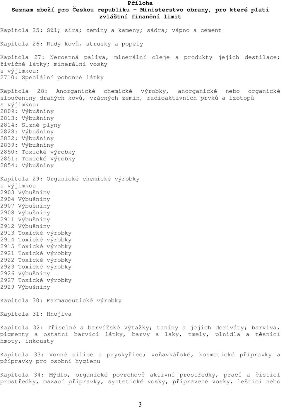 nebo organické sloučeniny drahých kovů, vzácných zemin, radioaktivních prvků a izotopů 2809: Výbušniny 2813: Výbušniny 2814: Slzné plyny 2828: Výbušniny 2832: Výbušniny 2839: Výbušniny 2850: Toxické