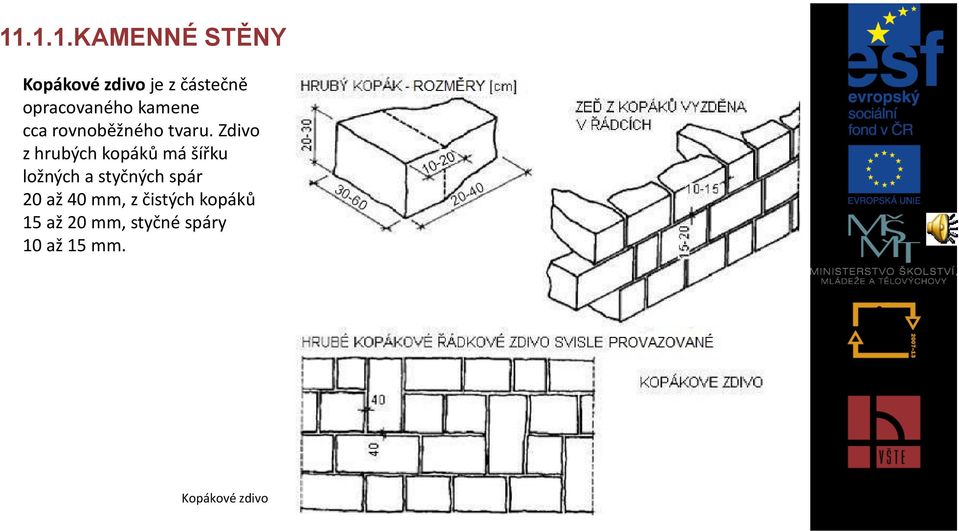 Zdivo z hrubých kopáků má šířku ložných a styčných spár 20