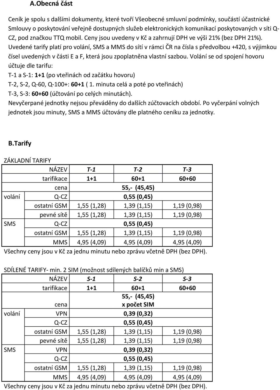 Uvedené tarify platí pro volání, SMS a MMS do sítí v rámci ČR na čísla s předvolbou +420, s výjimkou čísel uvedených v části E a F, která jsou zpoplatněna vlastní sazbou.