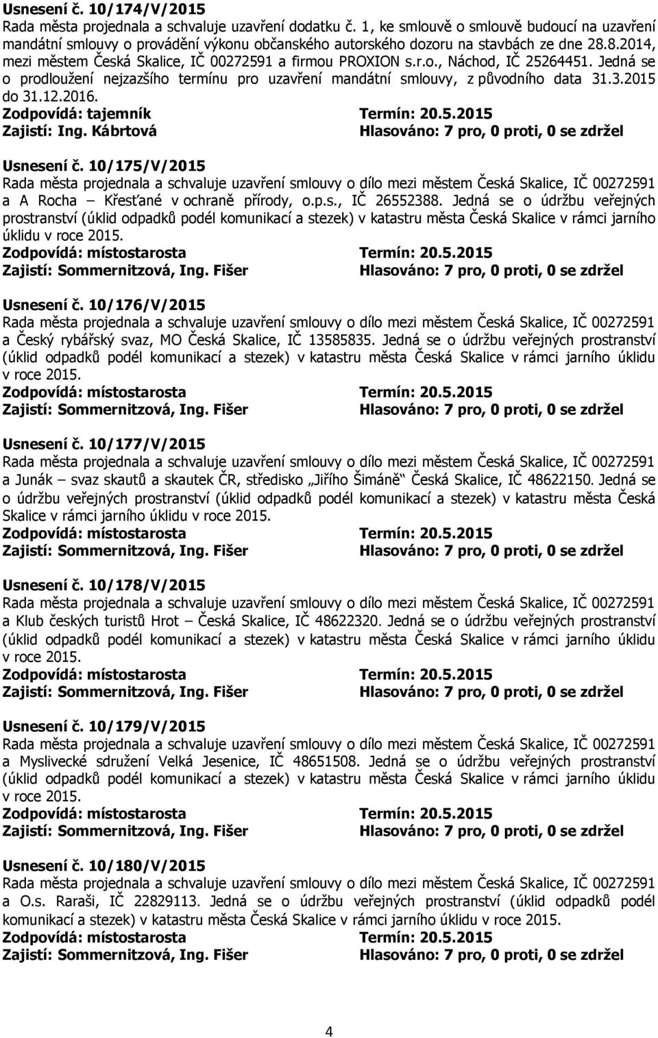 Jedná se o prodloužení nejzazšího termínu pro uzavření mandátní smlouvy, z původního data 31.3.2015 do 31.12.2016. Usnesení č. 10/175/V/2015 a A Rocha Křesťané v ochraně přírody, o.p.s., IČ 26552388.