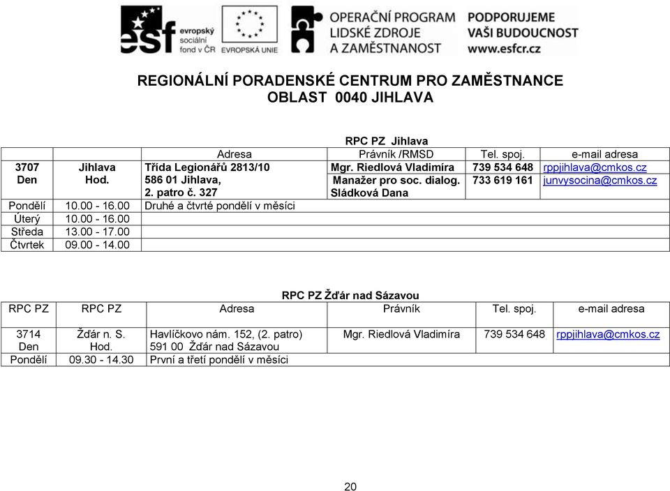 00 Druhé a čtvrté pondělí v měsíci Úterý 10.00-16.00 Středa 13.00-17.00 Čtvrtek 09.00-14.00 RPC PZ Žďár nad Sázavou RPC PZ RPC PZ Adresa Právník Tel. spoj.