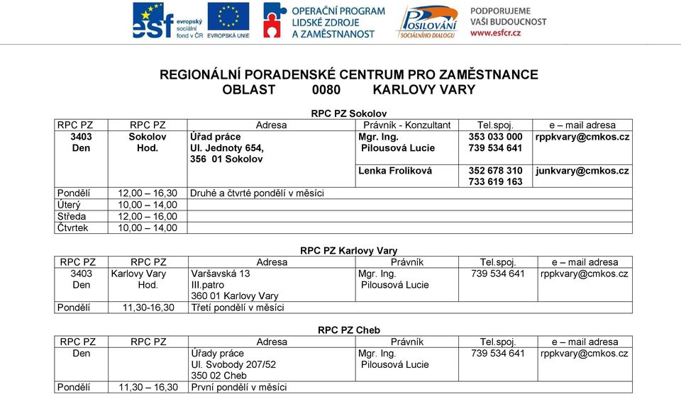 Jednoty 654, 356 01 Sokolov Pondělí 12,00 16,30 Druhé a čtvrté pondělí v měsíci Úterý 10,00 14,00 Středa 12,00 16,00 Čtvrtek 10,00 14,00 Lenka Frolíková 352 678 310 733 619 163 junkvary@cmkos.