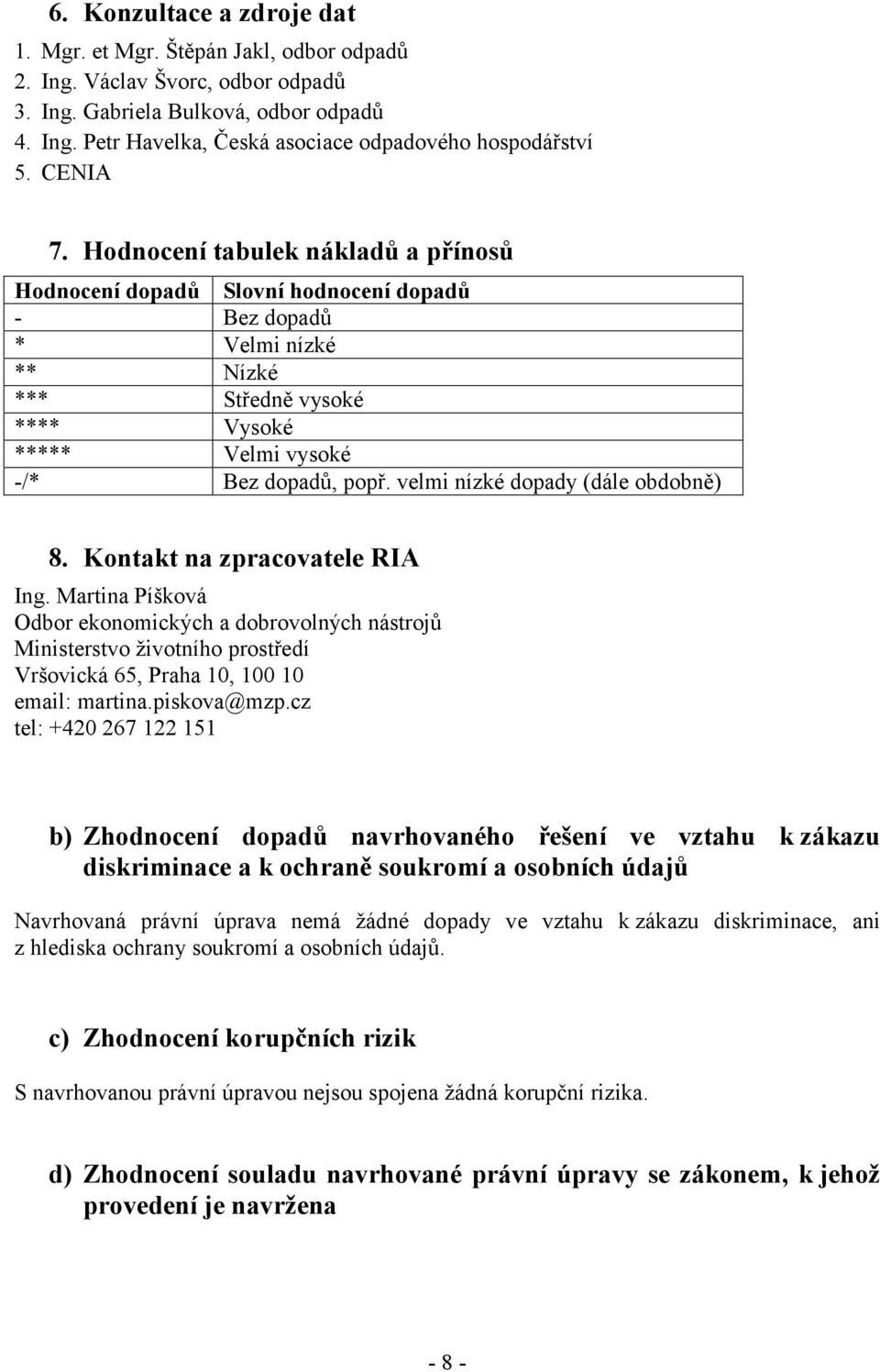 velmi nízké dopady (dále obdobně) 8. Kontakt na zpracovatele RIA Ing.