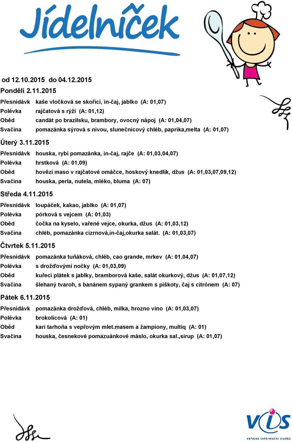 2015 kaše vločková se skořicí, in-čaj, jablko (A: 01,07) rajčatová s rýží (A: 01,12) candát po brazilsku, brambory, ovocný nápoj (A: 01,04,07) pomazánka sýrová s nivou, slunečnicový chléb,