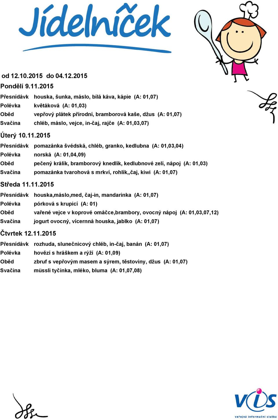 2015 houska, šunka, máslo, bílá káva, kápie (A: 01,07) květáková (A: 01,03) vepřový plátek přírodní, bramborová kaše, džus (A: 01,07) chléb, máslo, vejce, in-čaj, rajče (A: 01,03,07) pomazánka