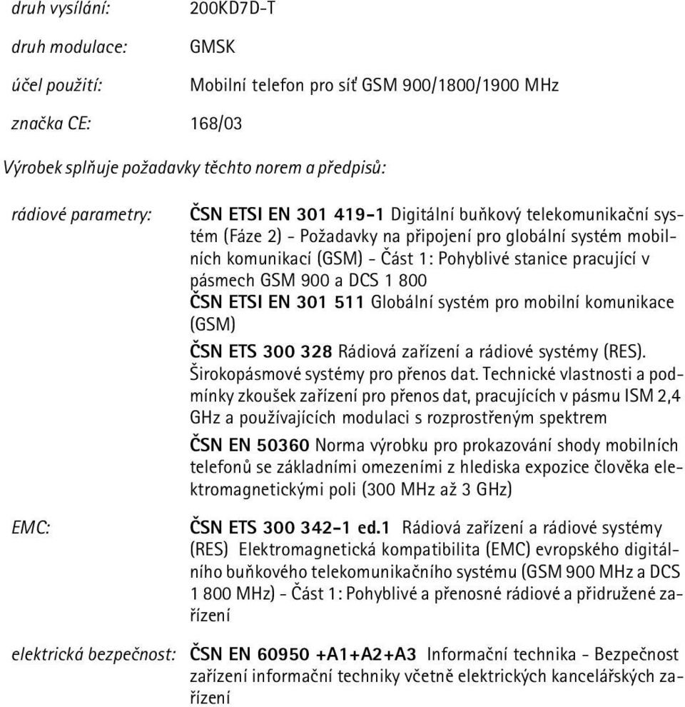 pracující v pásmech GSM 900 a DCS 1 800 ÈSN ETSI EN 301 511 Globální systém pro mobilní komunikace (GSM) ÈSN ETS 300 328 Rádiová zaøízení a rádiové systémy (RES). irokopásmové systémy pro pøenos dat.