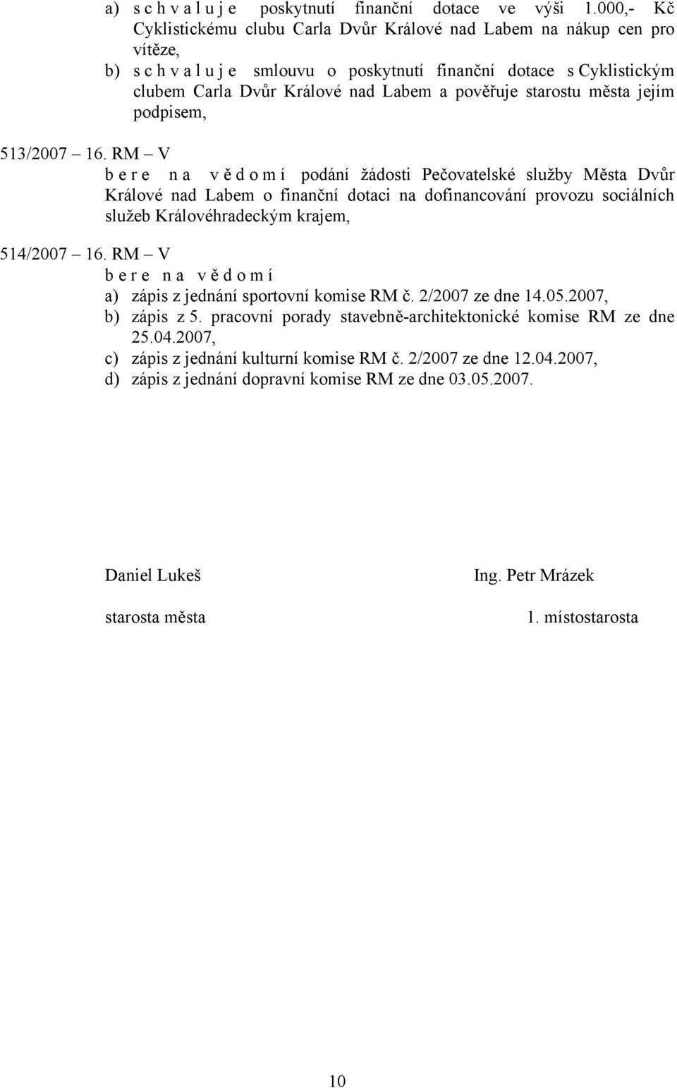 pověřuje starostu města jejím podpisem, 513/2007 16.