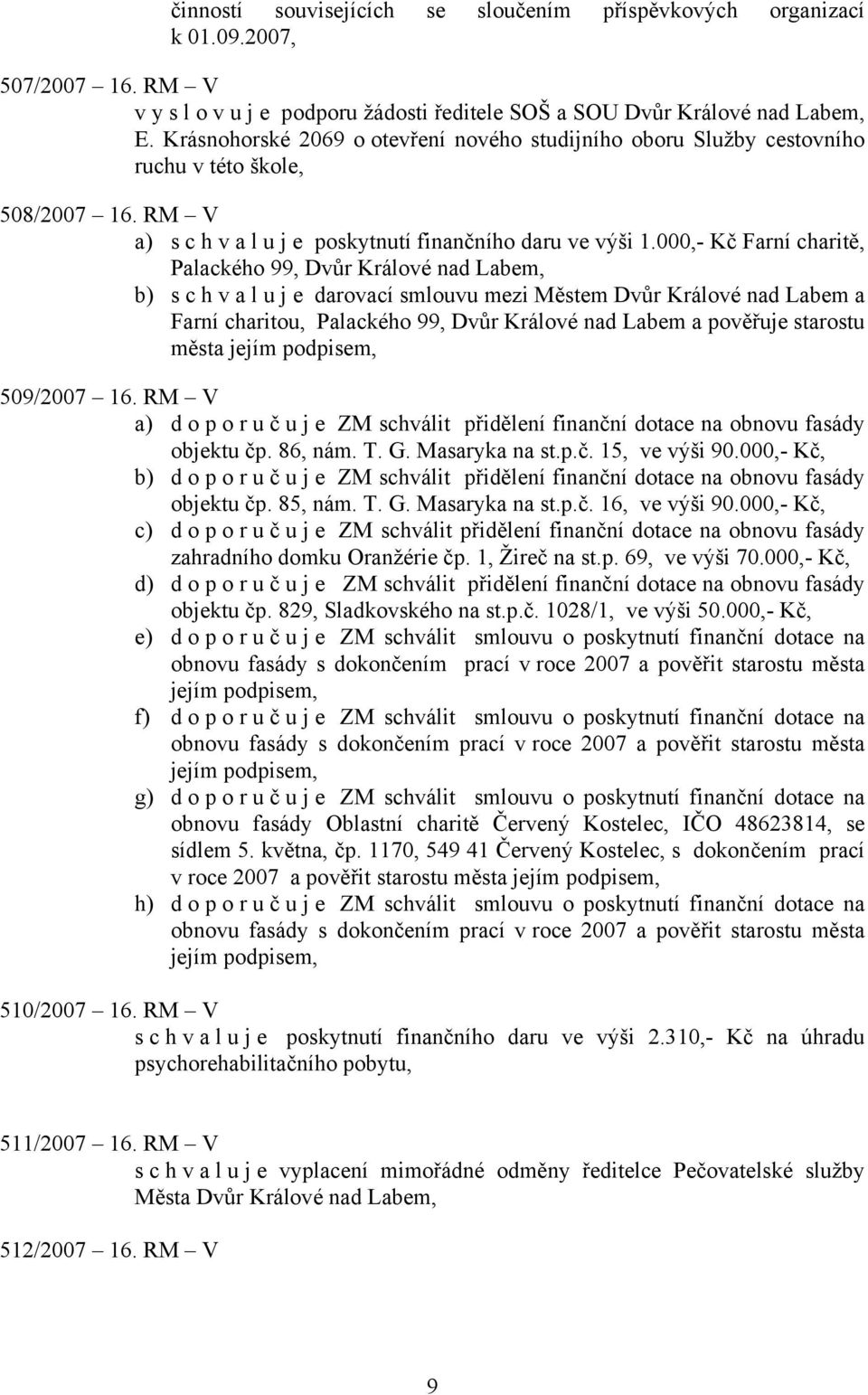 000,- Kč Farní charitě, Palackého 99, Dvůr Králové nad Labem, b) s c h v a l u j e darovací smlouvu mezi Městem Dvůr Králové nad Labem a Farní charitou, Palackého 99, Dvůr Králové nad Labem a