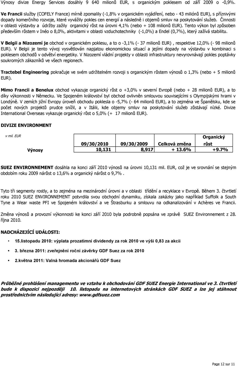 smluv na poskytování služeb. Činnosti v oblasti výstavby a údržby zažily organický růst na úrovni 4,1% (nebo + 108 milionů EUR).