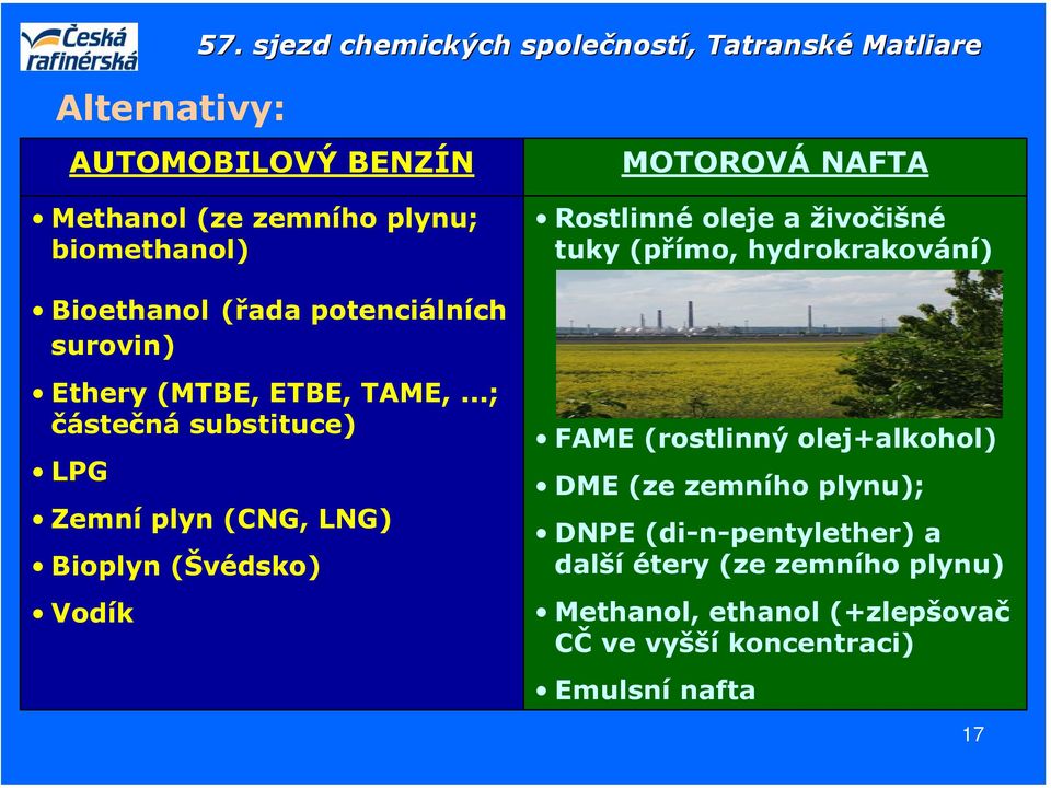 ..; částečná substituce) LPG Zemní plyn (CNG, LNG) Bioplyn (Švédsko) Vodík FAME (rostlinný olej+alkohol) DME