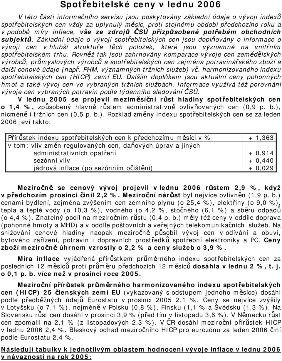 Základní údaje o vývoji spotřebitelských cen jsou doplňovány o informace o vývoji cen v hlubší struktuře těch položek, které jsou významné na vnitřním spotřebitelském trhu.