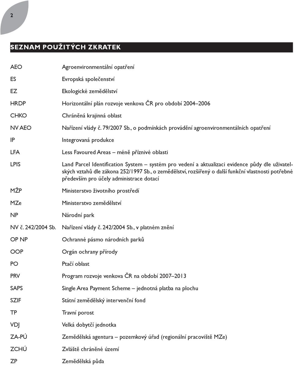 , o podmínkách provádění agroenvironmentálních opatření Integrovaná produkce Less Favoured Areas méně příznivé oblasti Land Parcel Identification System systém pro vedení a aktualizaci evidence půdy
