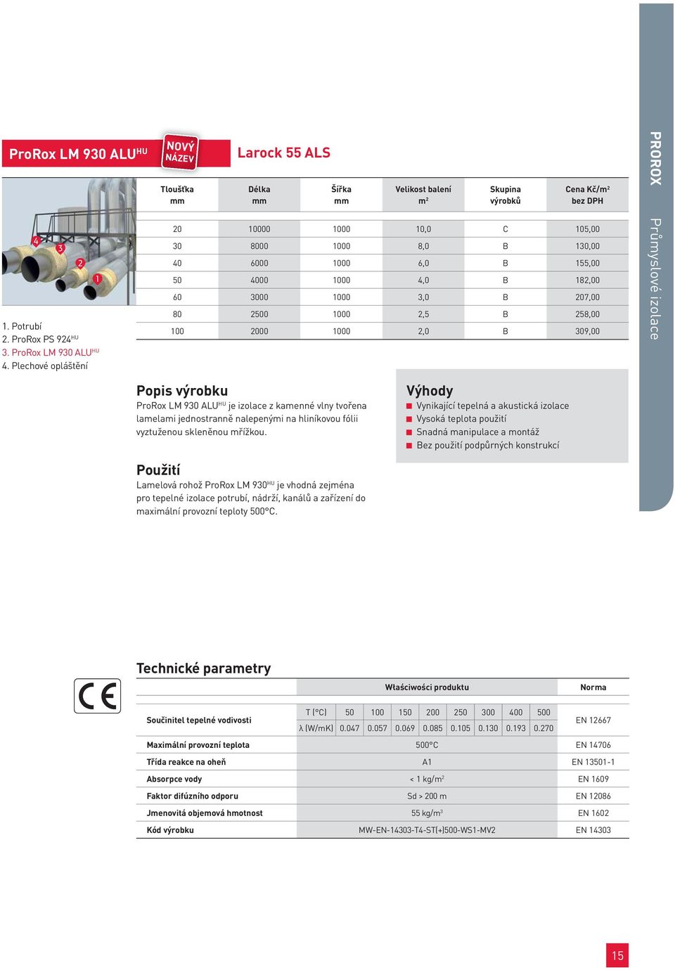 155,00 50 4000 1000 4,0 B 182,00 60 3000 1000 3,0 B 207,00 80 2500 1000 2,5 B 258,00 100 2000 1000 2,0 B 309,00 PROROX Průmyslové izolace Popis výrobku ProRox LM 930 ALU HU je izolace z kamenné vlny