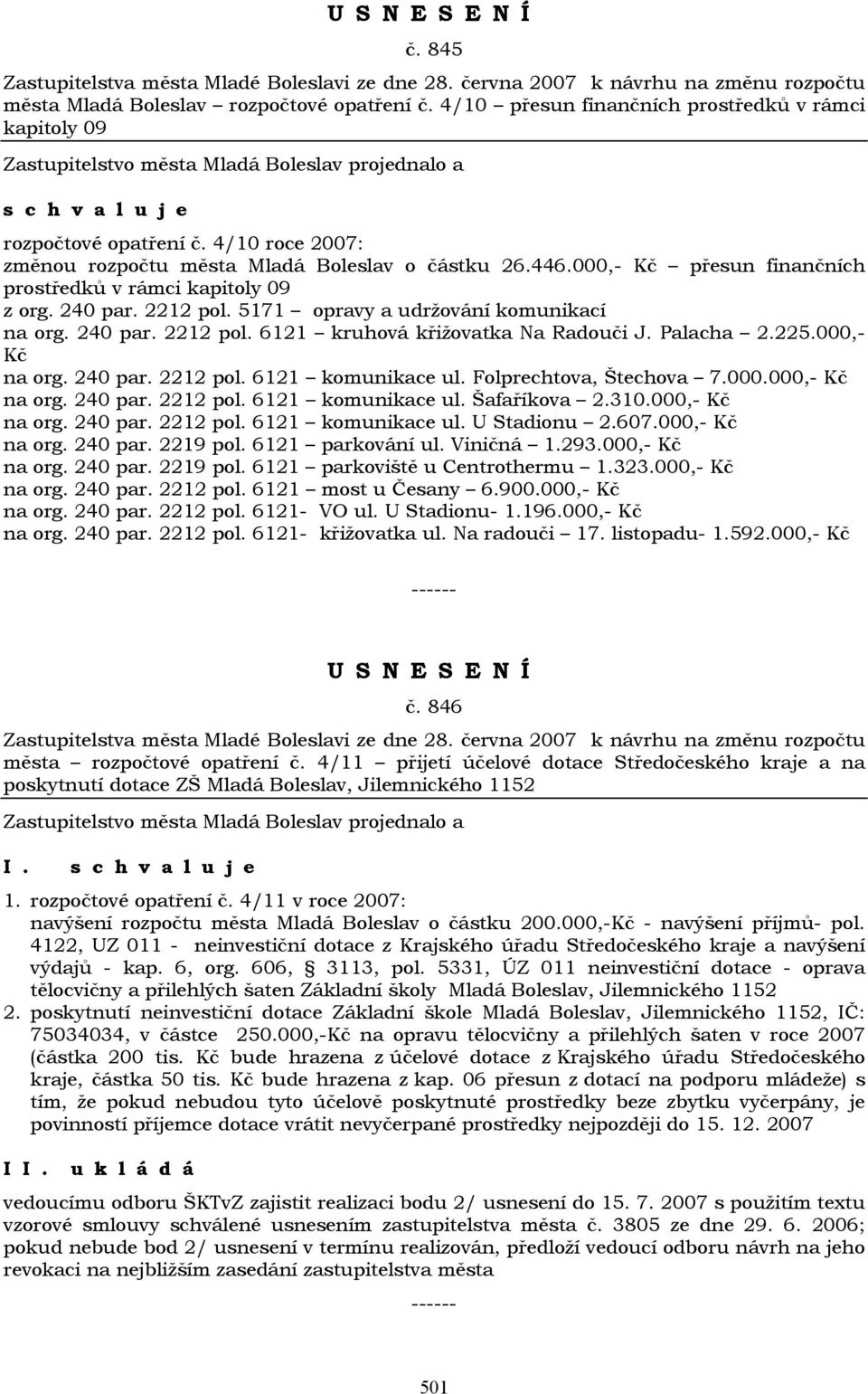 000,- Kč přesun finančních prostředků v rámci kapitoly 09 z org. 240 par. 2212 pol. 5171 opravy a udržování komunikací na org. 240 par. 2212 pol. 6121 kruhová křižovatka Na Radouči J. Palacha 2.225.