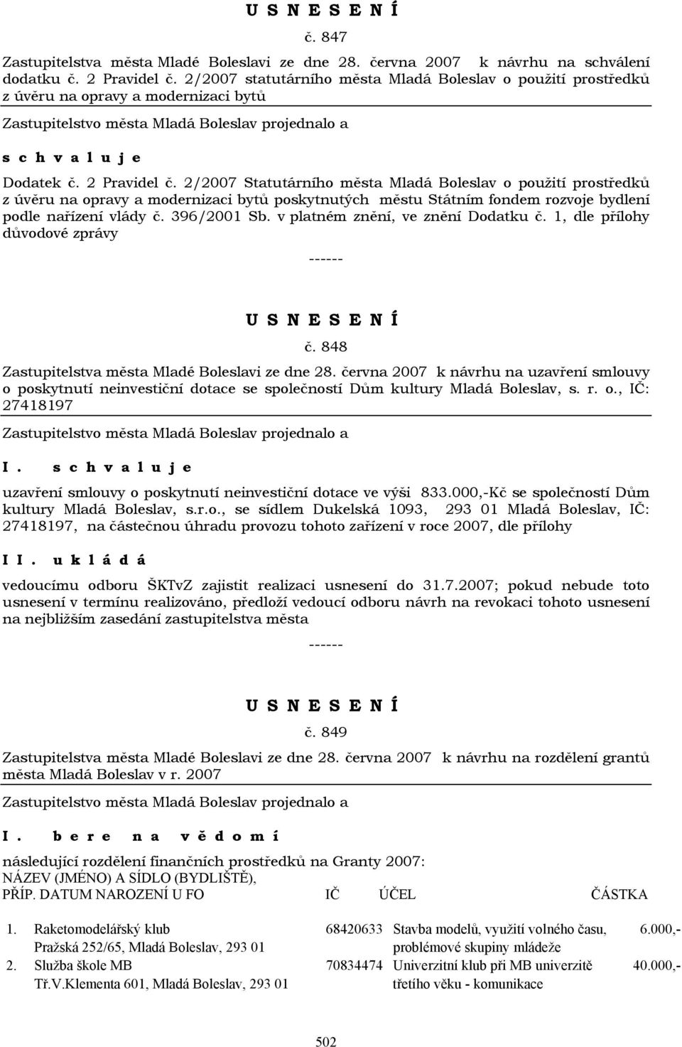 2/2007 Statutárního města Mladá Boleslav o použití prostředků z úvěru na opravy a modernizaci bytů poskytnutých městu Státním fondem rozvoje bydlení podle nařízení vlády č. 396/2001 Sb.