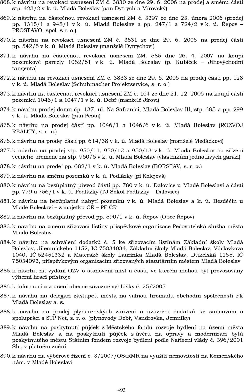 2006 na prodej části pp. 542/5 v k. ú. Mladá Boleslav (manželé Dytrychovi) 871. k návrhu na částečnou revokaci usnesení ZM. 585 dne 26. 4. 2007 na koupi pozemkové parcely 1062/51 v k. ú. Mladá Boleslav (p.