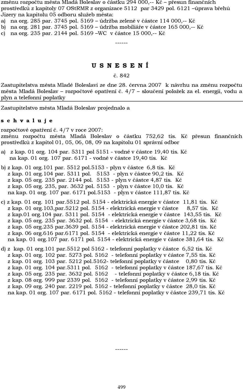 235 par. 2144 pol. 5169 WC v částce 15 000,-- Kč č. 842 Zastupitelstva města Mladé Boleslavi ze dne 28. června 2007 k návrhu na změnu rozpočtu města Mladá Boleslav rozpočtové opatření č.