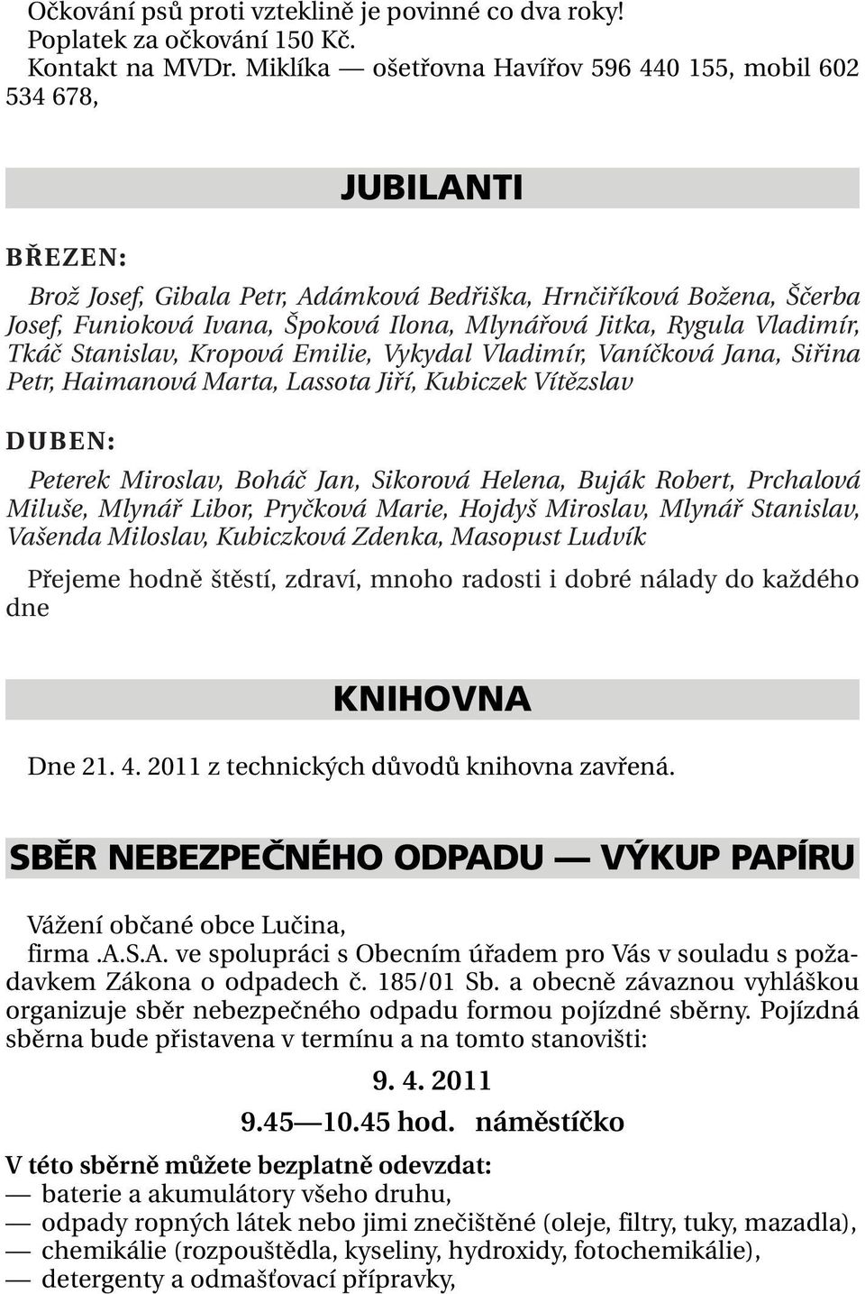 Jitka, Rygula Vladimír, Tkáč Stanislav, Kropová Emilie, Vykydal Vladimír, Vaníčková Jana, Siřina Petr, Haimanová Marta, Lassota Jiří, Kubiczek Vítězslav DUBEN: Peterek Miroslav, Boháč Jan, Sikorová
