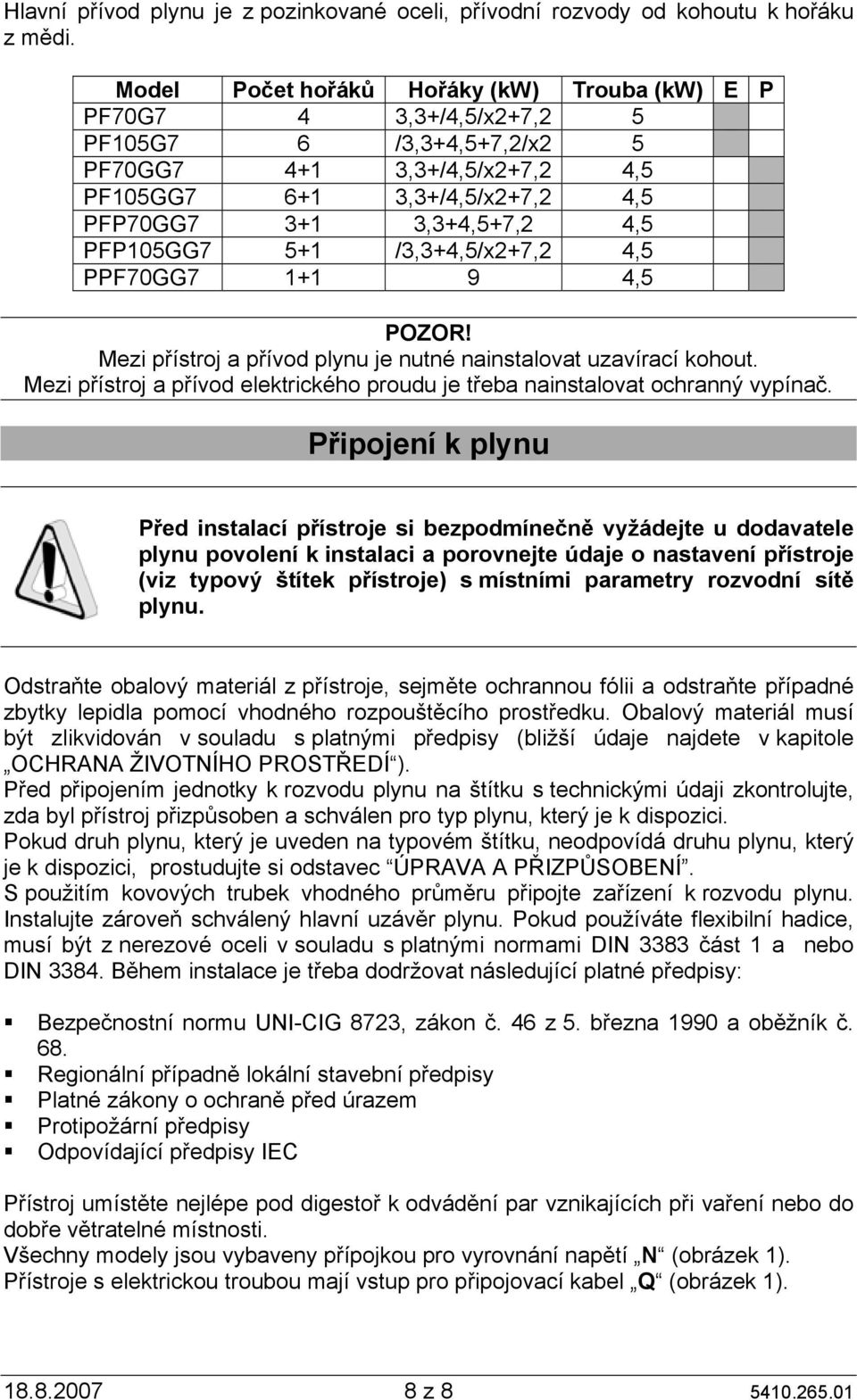 PFP105GG7 5+1 /3,3+4,5/x2+7,2 4,5 PPF70GG7 1+1 9 4,5 POZOR! Mezi přístroj a přívod plynu je nutné nainstalovat uzavírací kohout.