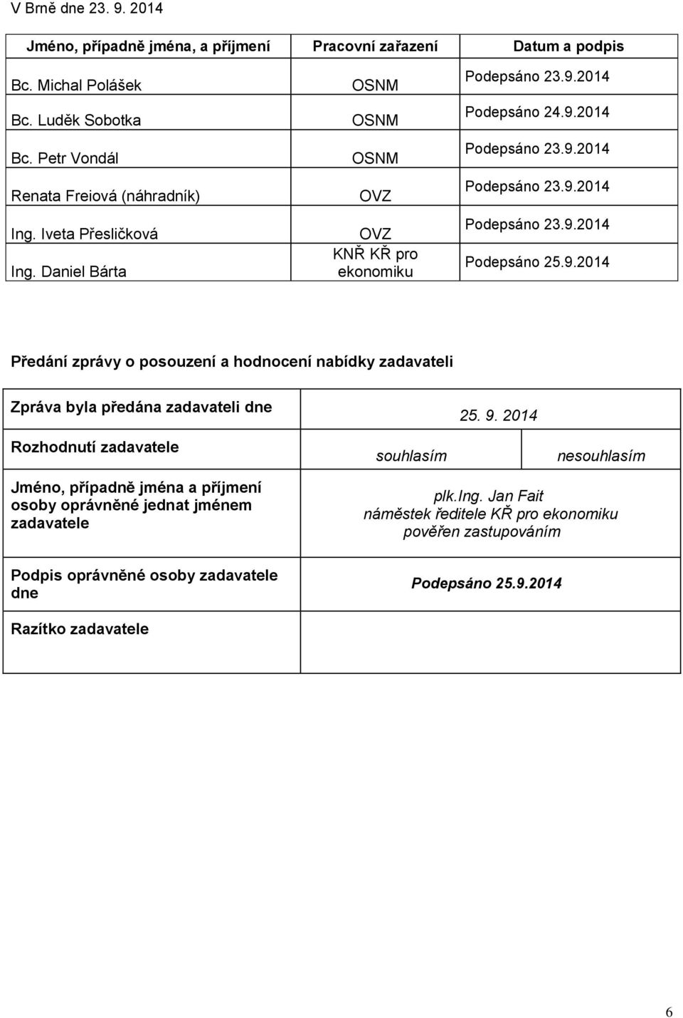 2014 Podepsáno 25.9.2014 Předání zprávy o posouzení a hodnocení zadavateli Zpráva byla předána zadavateli dne 25. 9.