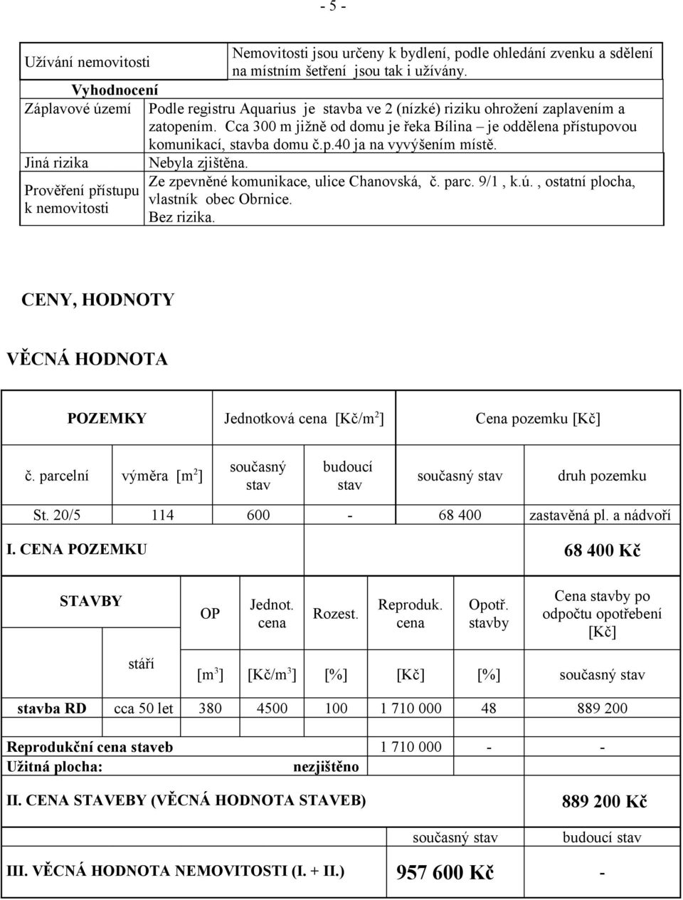 Podle registru Aquarius je stavba ve 2 (nízké) riziku ohrožení zaplavením a zatopením. Cca 300 m jižně od domu je řeka Bílina je oddělena přístupovou komunikací, stavba domu č.p.40 ja na vyvýšením místě.