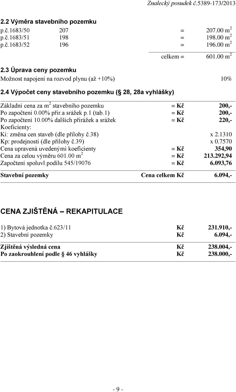 a srážek p.1 (tab.1) = Kč 200,- Po započtení 10.00% dalších přirážek a srážek = Kč 220,- Koeficienty: Ki: změna cen staveb (dle přílohy č.38) x 2.1310 Kp: prodejnosti (dle přílohy č.39) x 0.