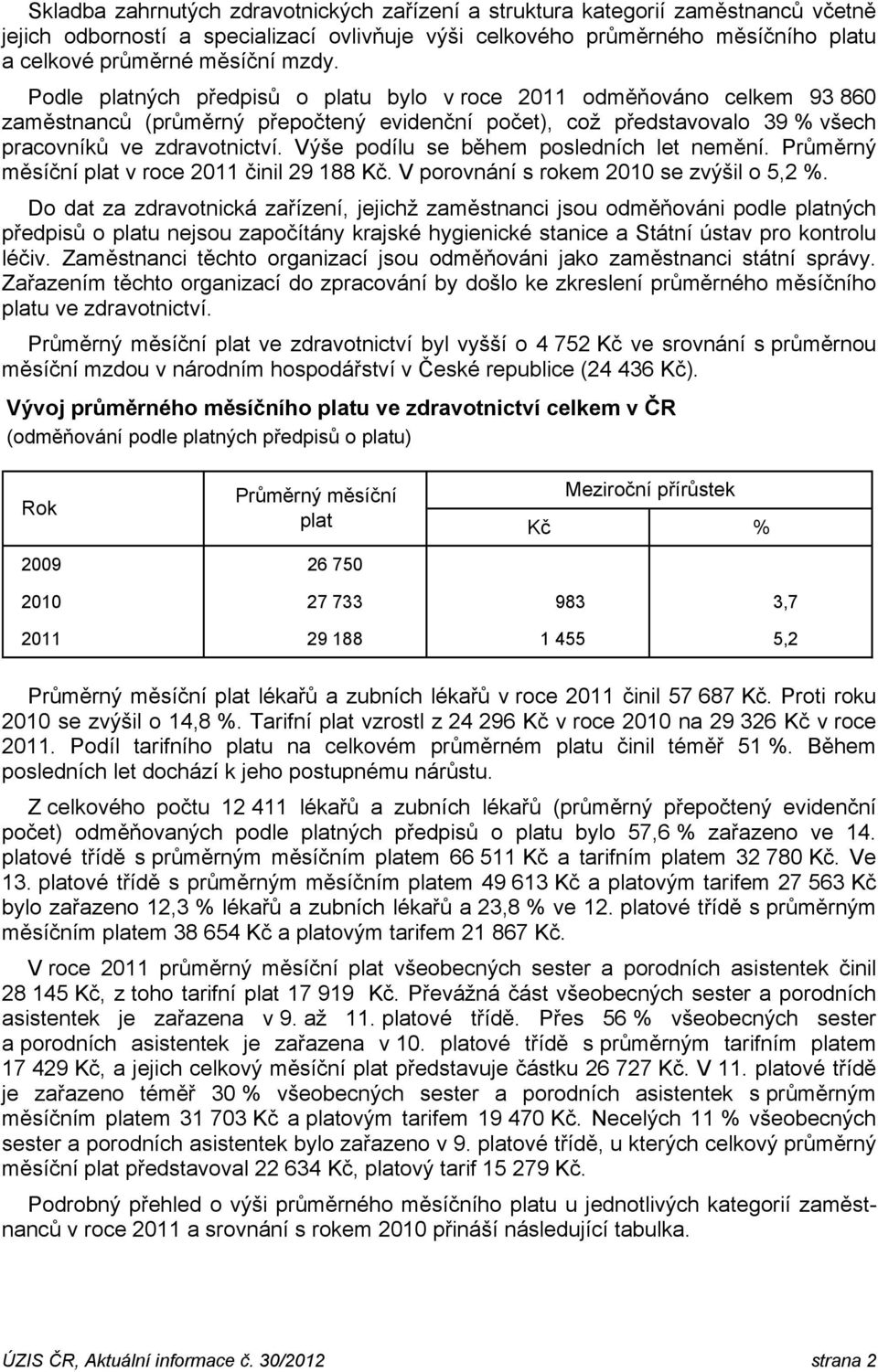 Výše podílu se během posledních let nemění. Průměrný měsíční plat v roce 2011 činil 29 188 Kč. V porovnání s rokem 2010 se zvýšil o 5,2 %.