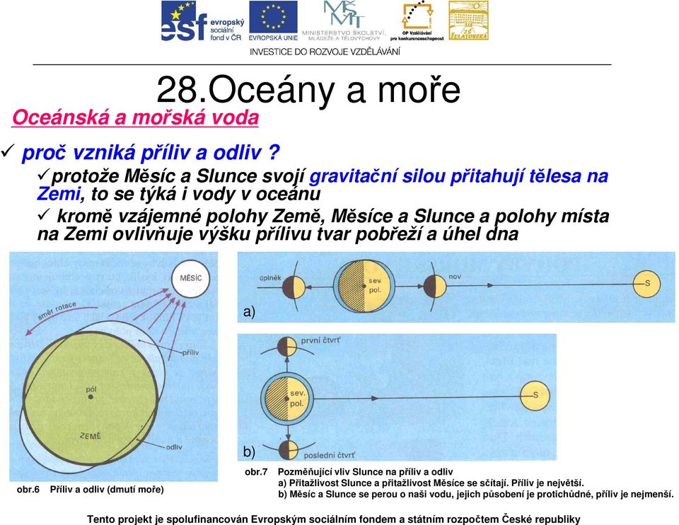 Slunce a polohy místa na Zemi ovlivňuje výšku přílivu tvar pobřeží a úhel dna a) obr.6 Příliv a odliv (dmutí moře) b) A) obr.