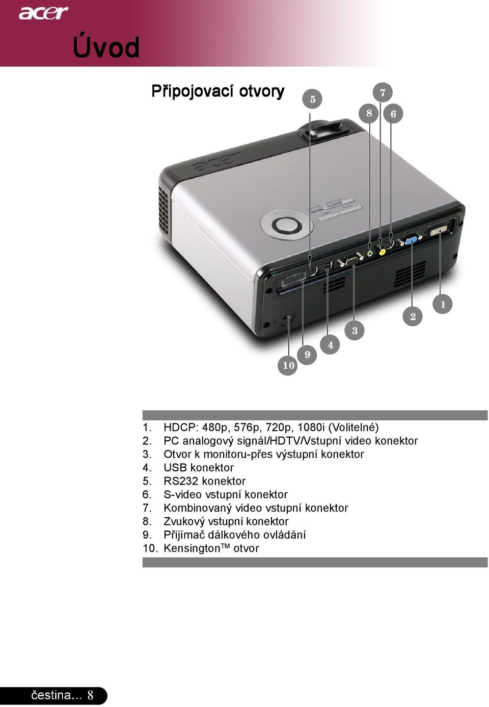 USB konektor 5. RS232 konektor 6. S-video vstupní konektor 7.