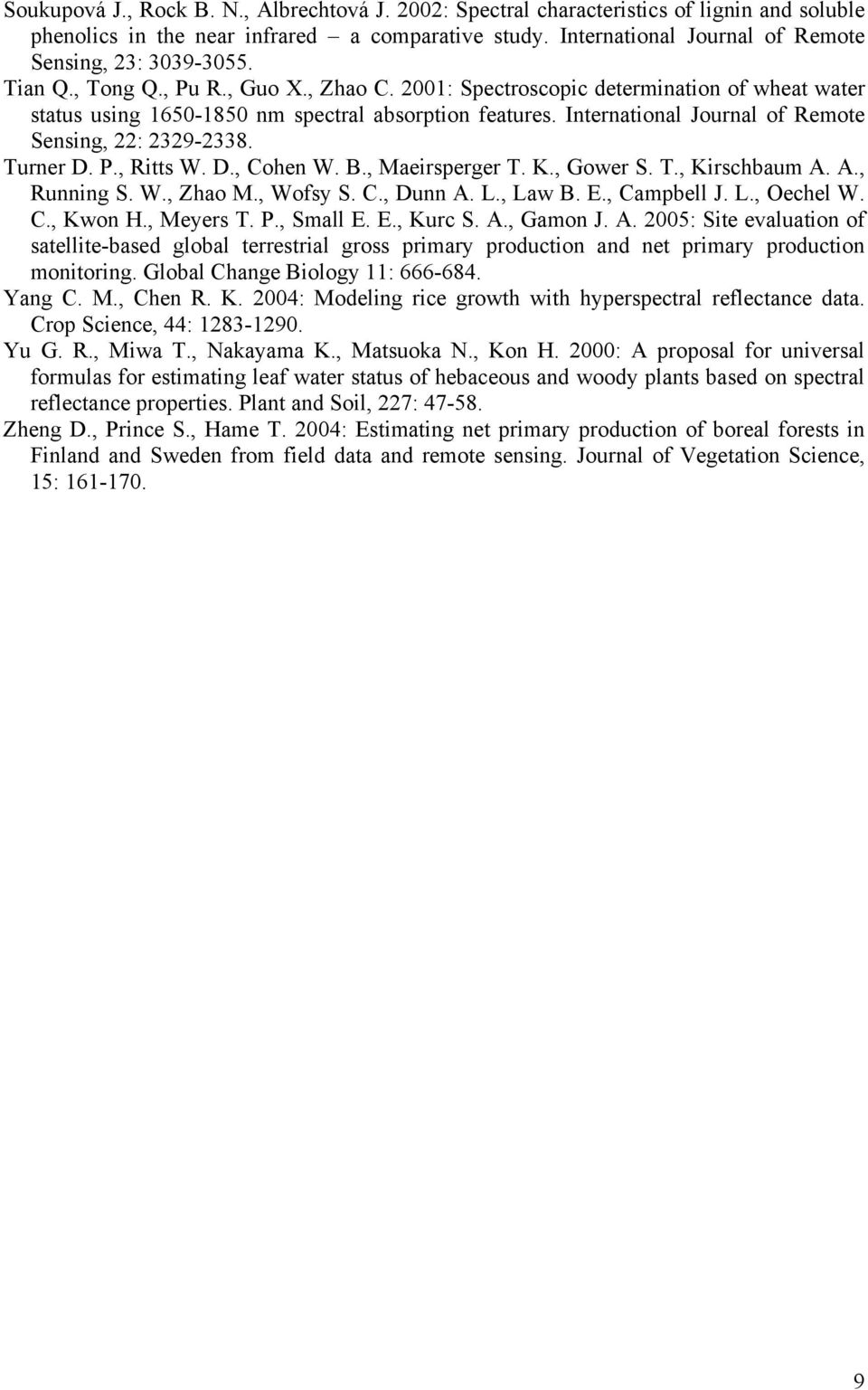 2001: Spectroscopic determination of wheat water status using 1650-1850 nm spectral absorption features. International Journal of Remote Sensing, 22: 2329-2338. Turner D. P., Ritts W. D., Cohen W. B.