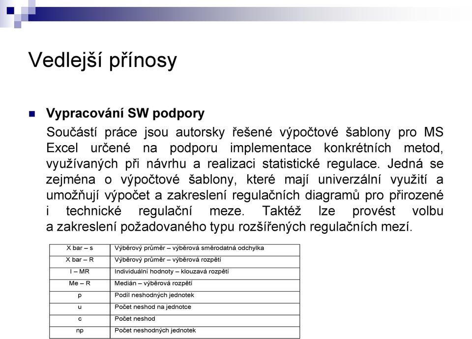 Jedná se zejména o výpočtové šablony, které mají univerzální využití a umožňují výpočet a zakreslení regulačních diagramů pro přirozené i technické regulační meze.