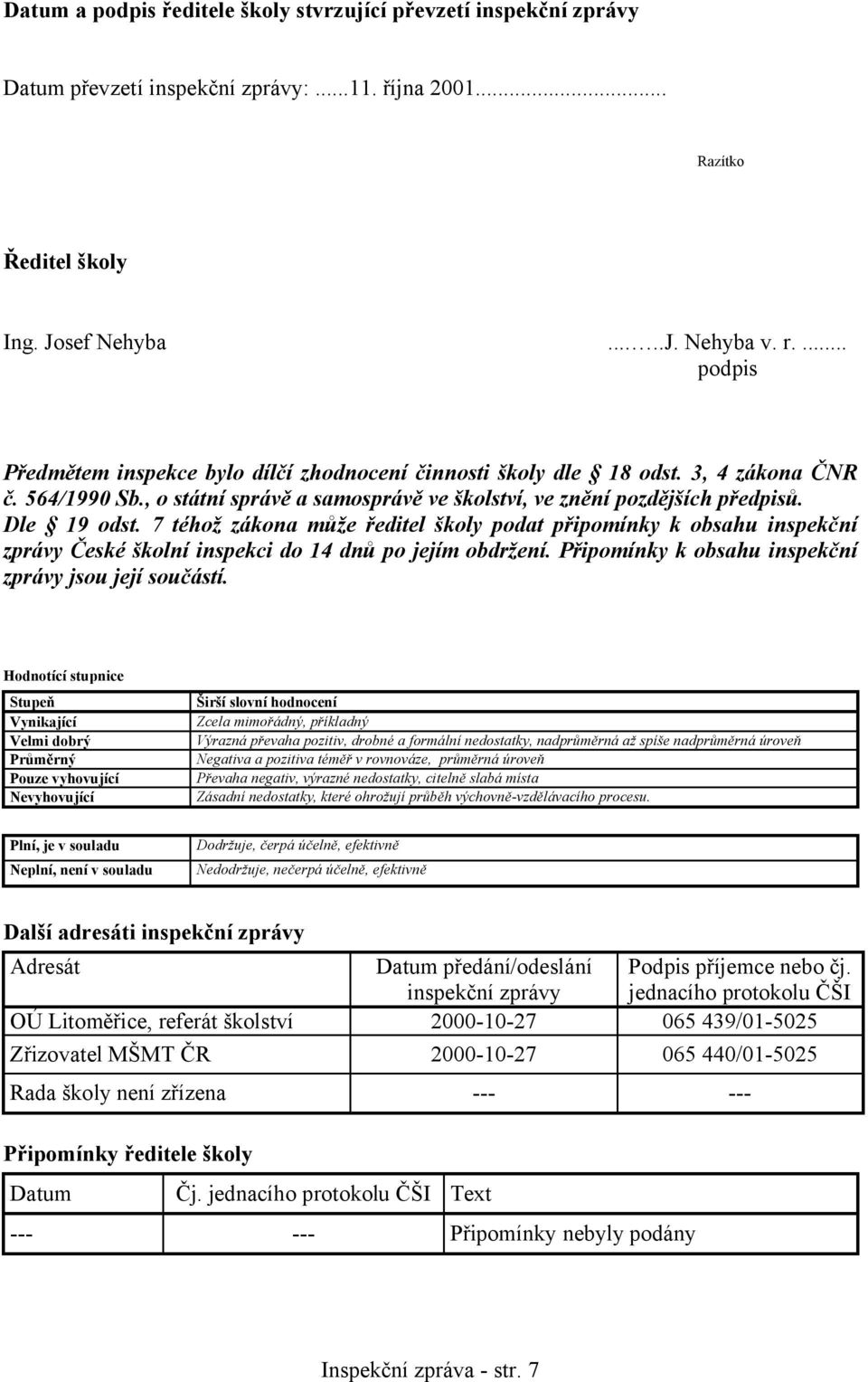 7 téhož zákona může ředitel školy podat připomínky k obsahu inspekční zprávy České školní inspekci do 14 dnů po jejím obdržení. Připomínky k obsahu inspekční zprávy jsou její součástí.