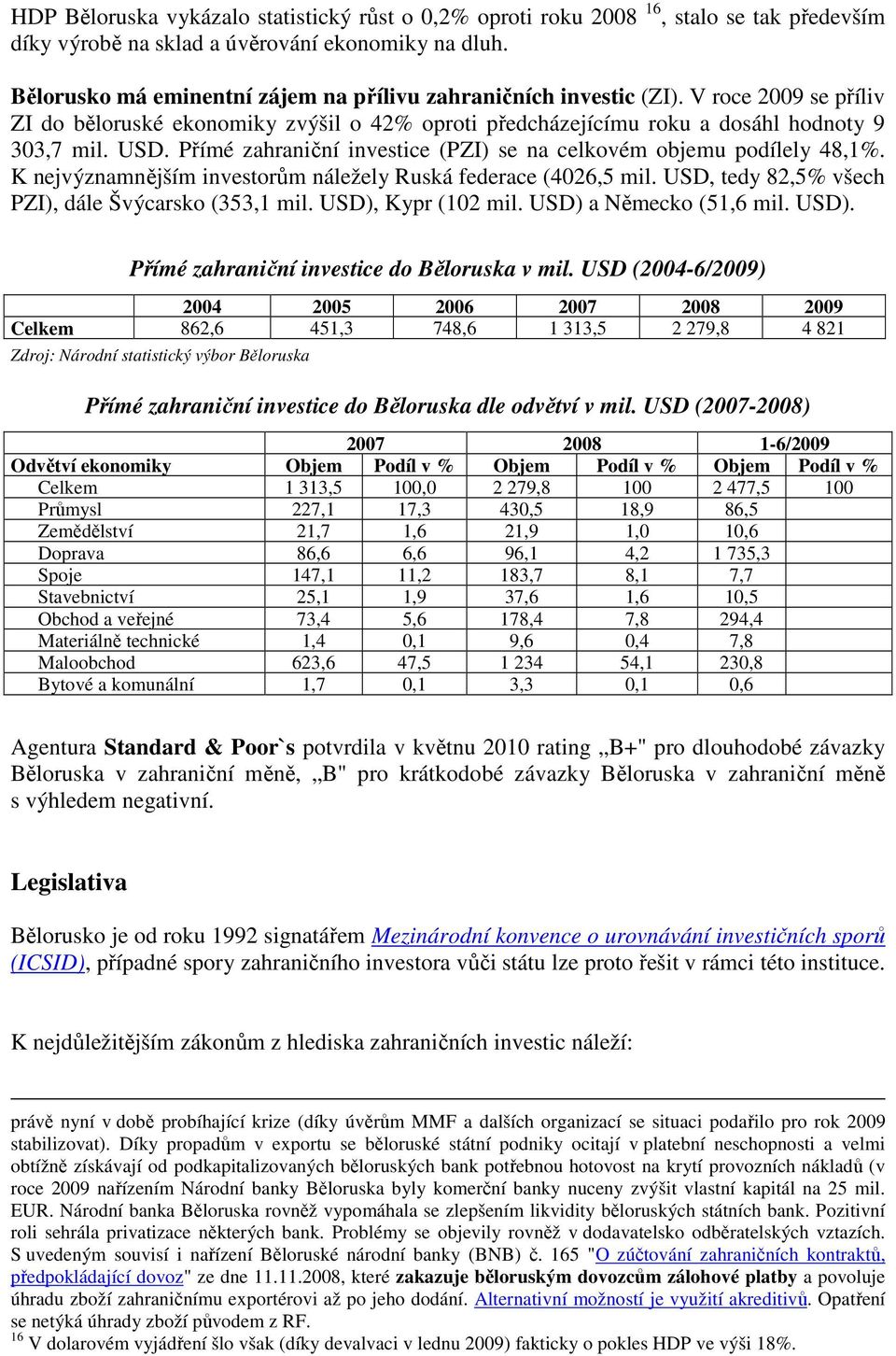 Přímé zahraniční investice (PZI) se na celkovém objemu podílely 48,1%. K nejvýznamnějším investorům náležely Ruská federace (4026,5 mil. USD, tedy 82,5% všech PZI), dále Švýcarsko (353,1 mil.