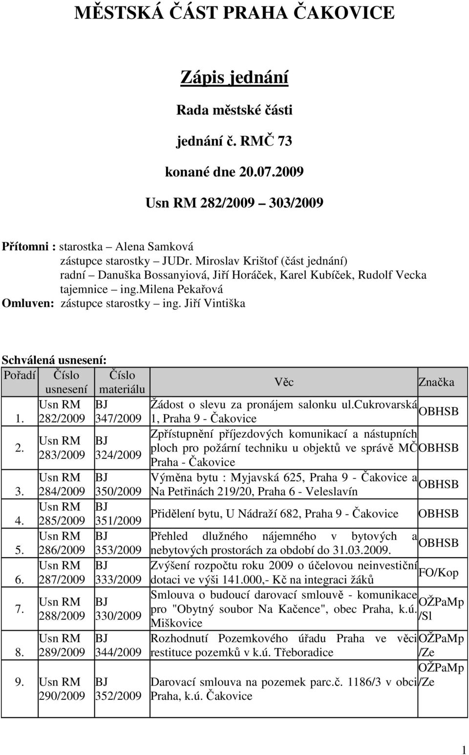 Jiří Vintiška Schválená usnesení: Pořadí Číslo usnesení Číslo materiálu 1. 282/2009 347/2009 2. 3. 4. 5. 6. 7. 8. 283/2009 284/2009 285/2009 286/2009 287/2009 288/2009 289/2009 9.