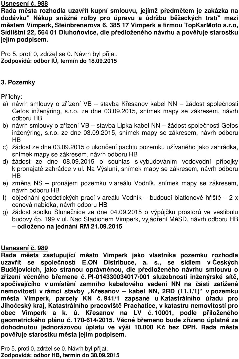 firmou TopKarMoto s.r.o, Sídlištní 22, 564 01 Dluhoňovice, dle předloženého návrhu a pověřuje starostku jejím podpisem. Zodpovídá: odbor IÚ, termín do 18.09.2015 3.