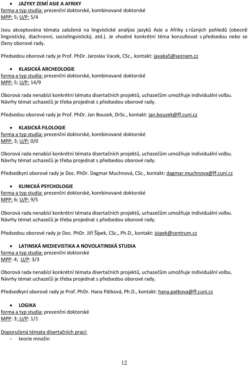 cz KLASICKÁ ARCHEOLOGIE MPP: 5; U/P: 14/9 Předsedou oborové rady je Prof. PhDr. Jan Bouzek, DrSc., kontakt: jan.bouzek@ff.cuni.cz KLASICKÁ FILOLOGIE MPP: 3; U/P: 0/0 Předsedkyní oborové rady je Doc.