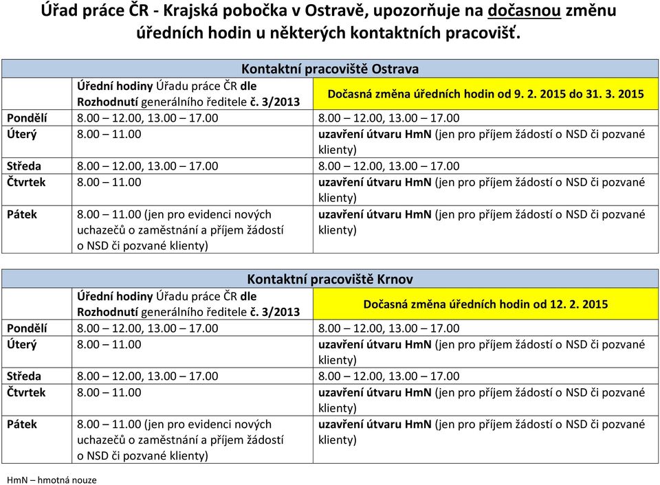 Kontaktní pracoviště Ostrava Dočasná změna úředních hodin od 9. 2. 2015 do 31