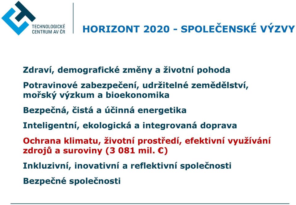 energetika Inteligentní, ekologická a integrovaná doprava Ochrana klimatu, životní prostředí,