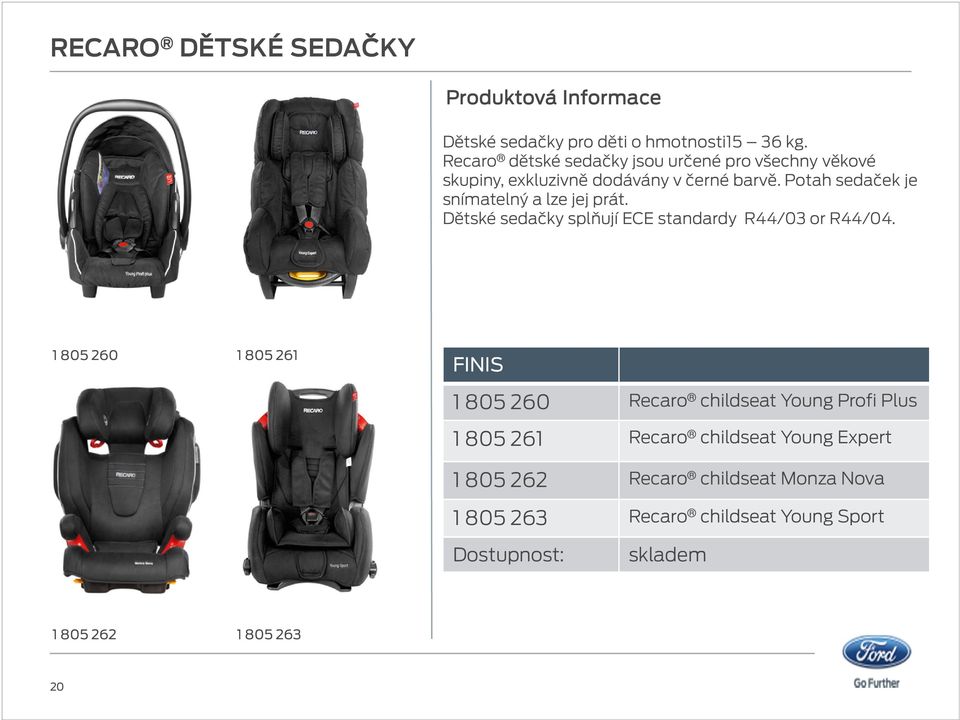 Potah sedaček je snímatelný a lze jej prát. Dětské sedačky splňují ECE standardy R44/03 or R44/04.