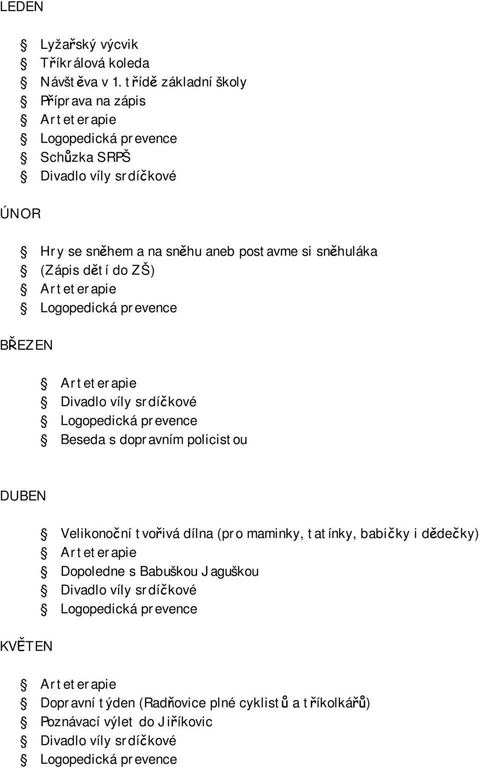 sněhuláka (Zápis dětí do ZŠ) BŘEZEN Beseda s dopravním policistou DUBEN Velikonoční tvořivá dílna (pro