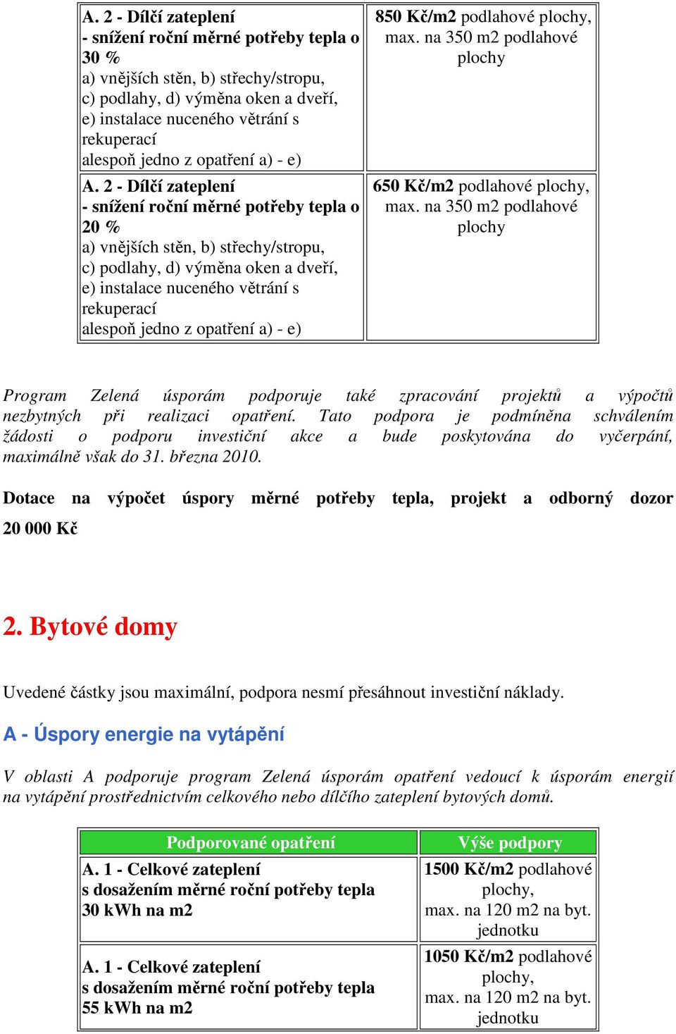 2 - Dílčí zateplení - snížení roční měrné potřeby tepla o 20 % a) vnějších stěn, b) střechy/stropu, c) podlahy, d) výměna oken a dveří, e) instalace nuceného větrání s rekuperací alespoň jedno z