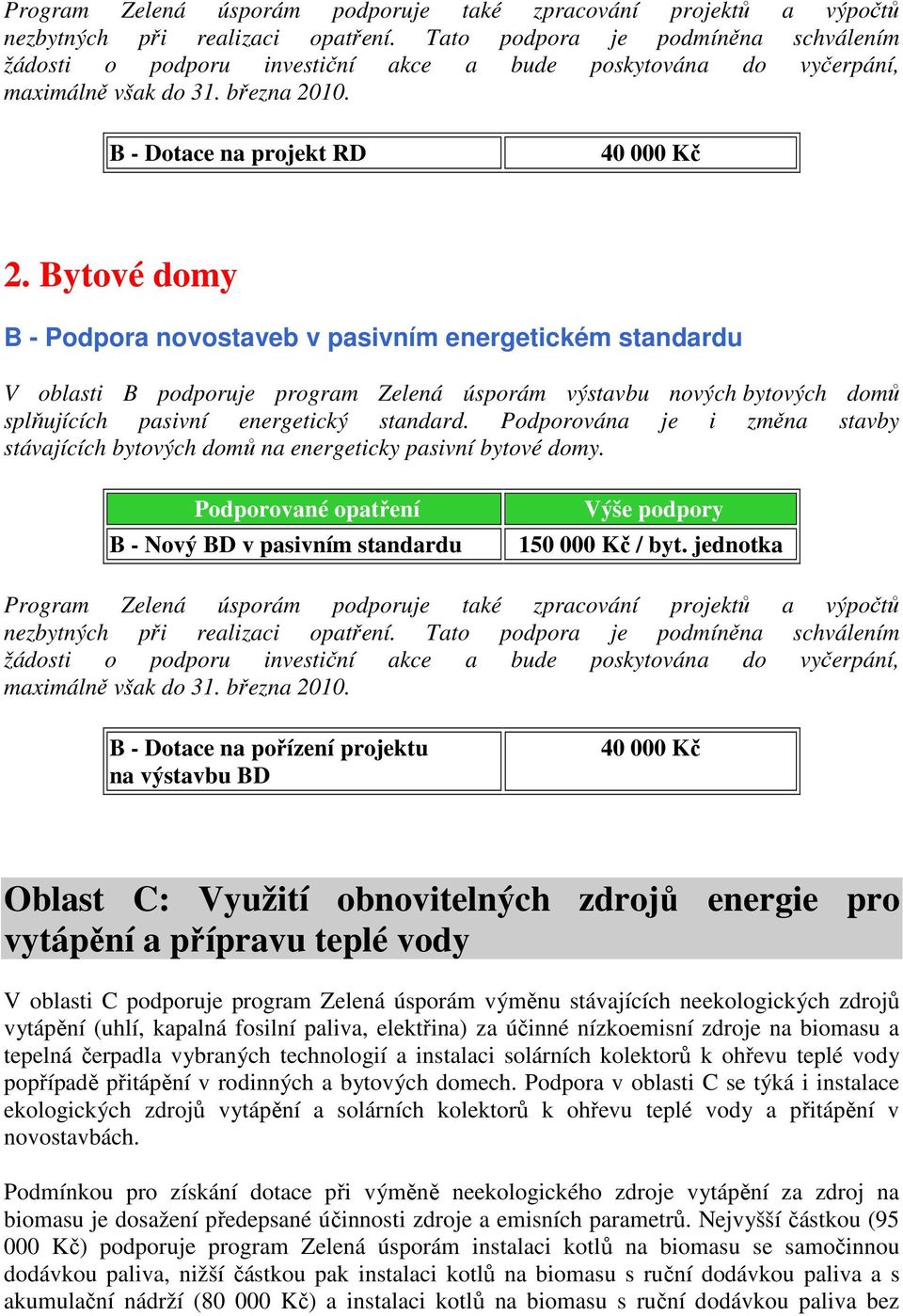 Podporována je i změna stavby stávajících bytových domů na energeticky pasivní bytové domy. B - Nový BD v pasivním standardu 150 000 Kč / byt.